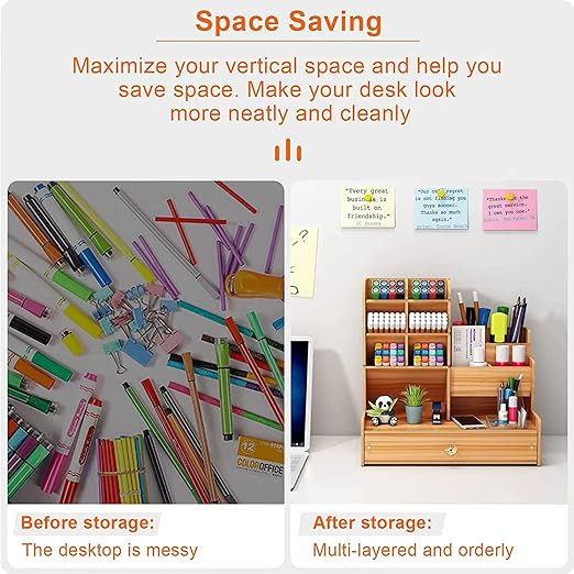 فينيسين منظم مكتب خشبي، منظم مكتب مع درج، حامل اقلام للمكتب متعدد الوظائف، حامل اقلام للمكتب والمنزل والاقلام المدرسية (بني)