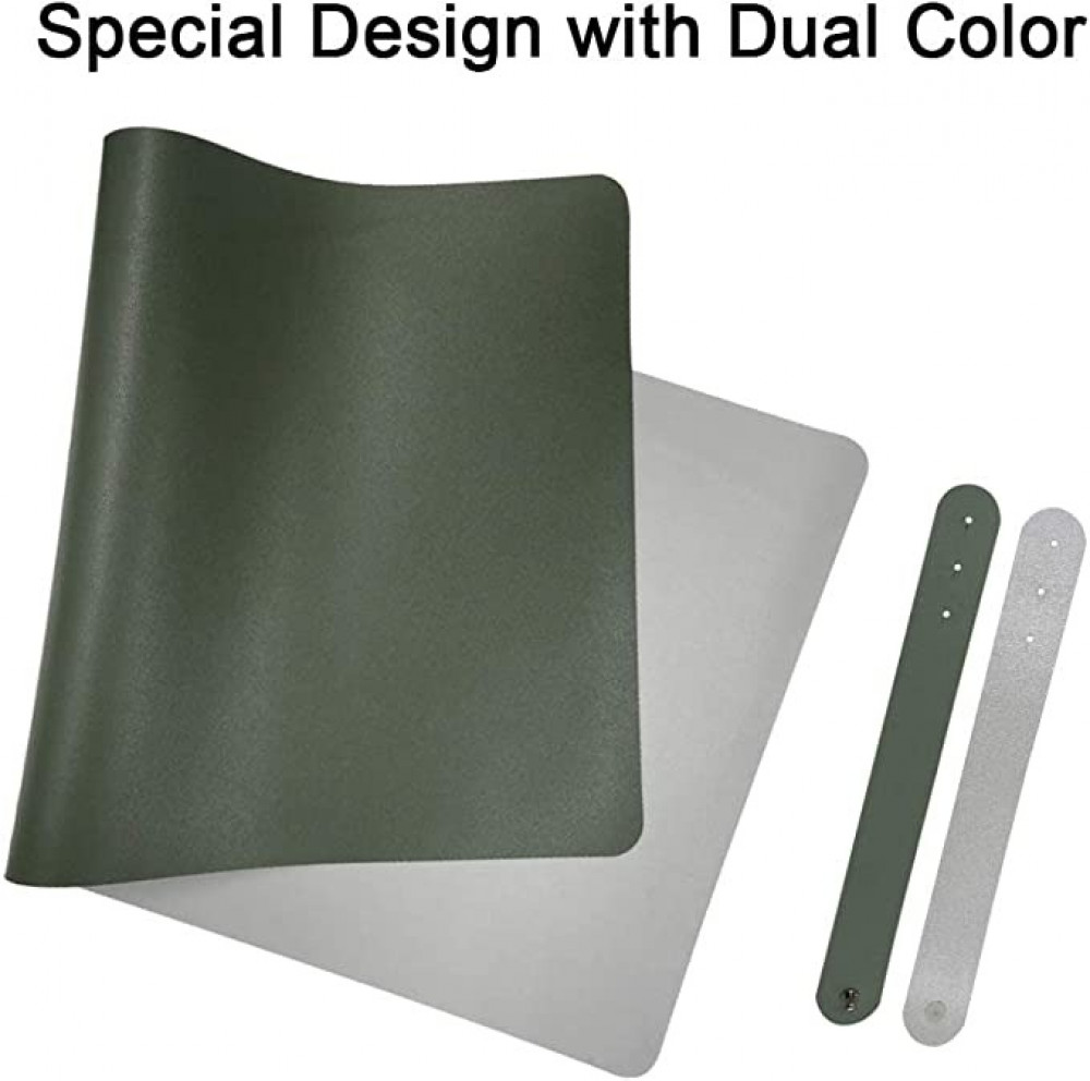 قاعدة ماوس مقاس L 80 × 40 سم، مفرش مكتب مزدوج الوجه مصنوع من الجلد الصناعي وقاعدة ماوس مقاس XXL للابتوب وكمبيوتر الالعاب والعمل للمكتب والمنزل (لون اخضر داكن ورمادي)