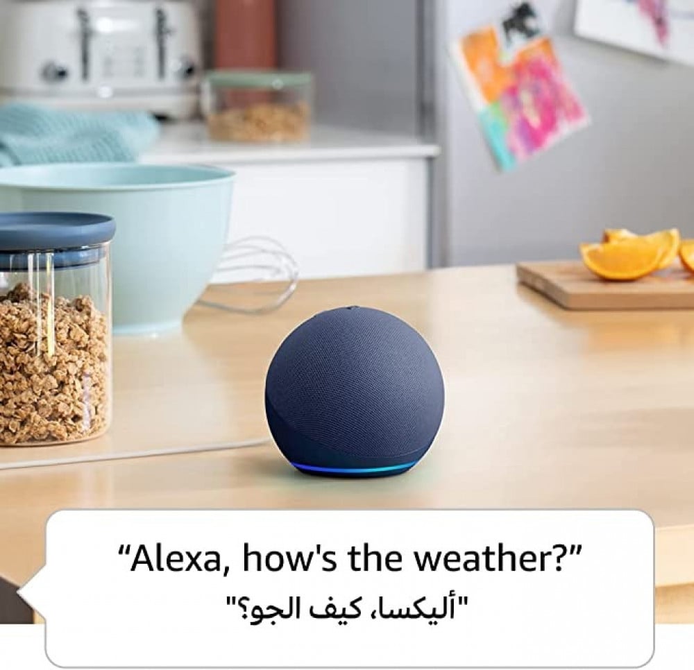 Echo Dot (الجيل الخامس) | سماعة بلوتوث ذكية مع أليكسا | استخدم صوتك للتحكم بالأجهزة المنزلية الذكية، وتشغيل تلاوة القرآن أو الموسيقى، وغيرها المزيد (متوفر الآن باللهجة الخليجية) | رمادي غامق مدة التجهيز 10 ايام