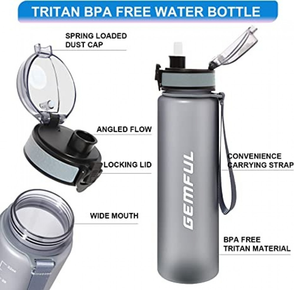 زجاجة مياه سعة 1 لتر مع مؤشر للوقت وقشة تريتان، خالية من مادة BPA لاصطحابها اثناء ممارسة الرياضة في صالة الالعاب الرياضية وفي الهواء الطلق، من جيمفول