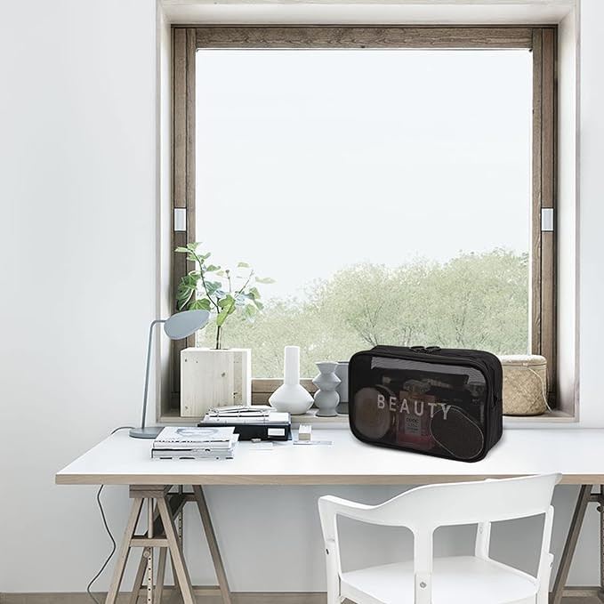 شنطة مستحضرات تجميل شبكية للنساء، شنطة نايلون جيدة التهوية محمولة بسحاب لتنظيم مستحضرات التجميل، شنطة للمنزل والمكتب ومستلزمات السفر للنساء، اسود