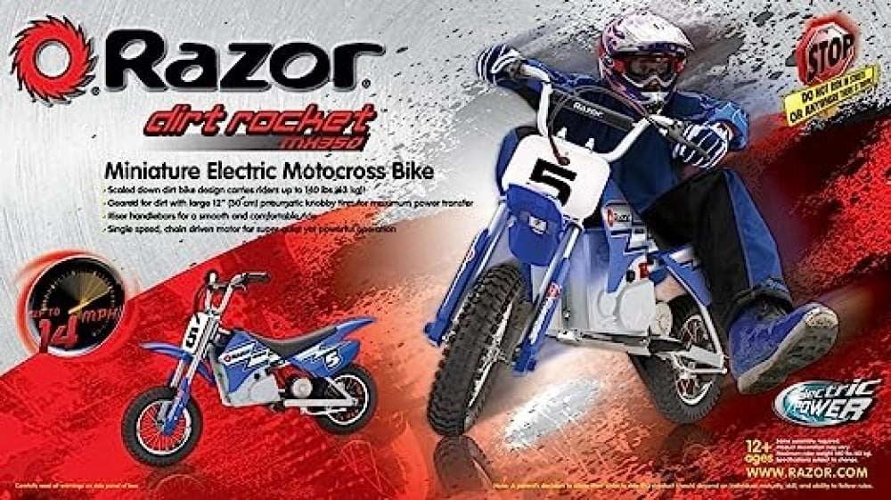 دراجة ترابية MX350 ديرت روكيت تعمل بالكهرباء بتصميم دراجة موتوكروس ترابية اصلي ودفع خلفي وعزم دوران مرتفع ومحرك بسلسلة للاطفال بعمر 13 سنة فما فوق من ريزر