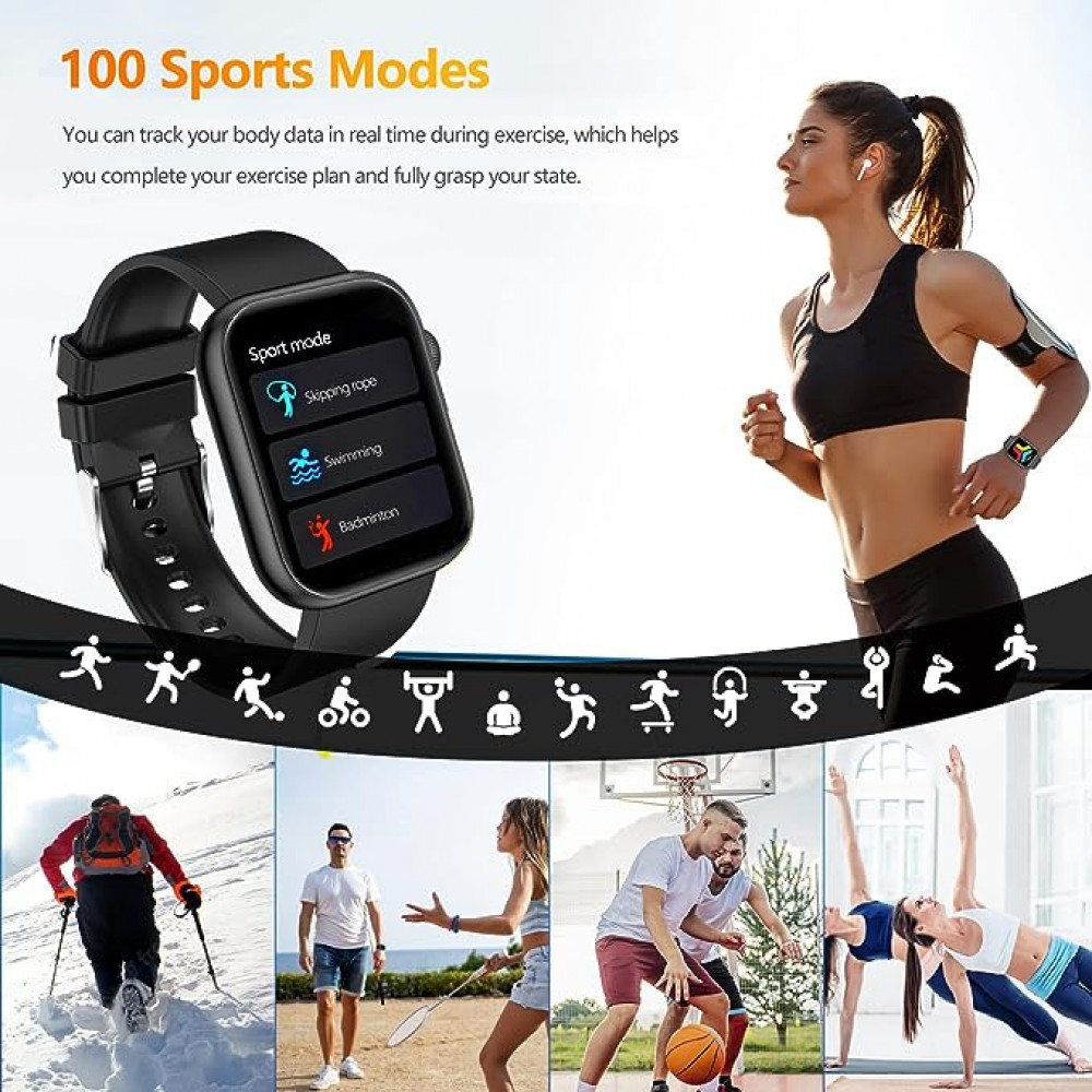 اي بي صن ساعة ذكية (استقبال واتصال)، شاشة TFT HD 1.85 انش مقاومة للماء بتصنيف IP67 لمعدل نبضات القلب ومراقبة الاكسجين في الدم، ومراقب النوم والسعرات الحرارية، ساعة ايقاف، عداد خطوات للنساء والرجال