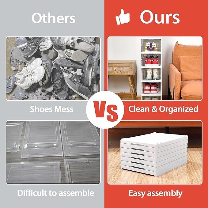 رف احذية بلاستيكي محمول مكون من 6 طبقات من الميكاكوز، درج بلاستيكي قابل للطي، غطاء شفاف قابل للطي للتخزين والتكديس لتخزين الاحذية مقاوم للغبار وتنظيم خزانة الاحذية (6 طبقات)