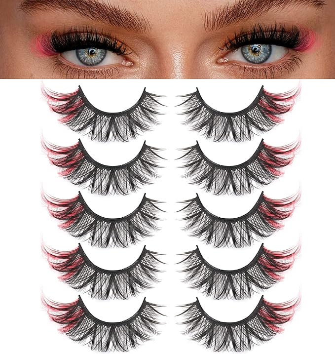 رموش صناعية بمظهر عين القطة 8D أسود بطرف أحمر 5 أزواج