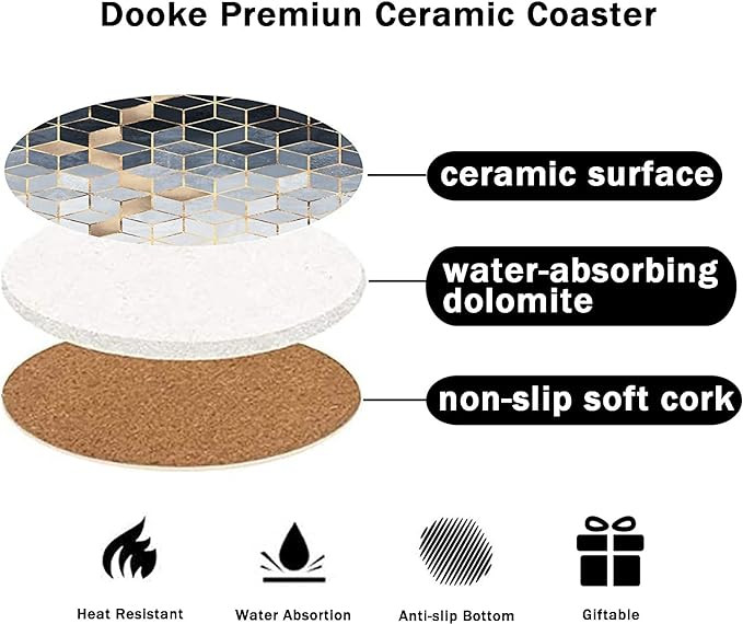 قواعد اكواب ممتصة من السيراميك مع حامل من الميكاكوز من 6 قطع، قواعد اكواب بتصميم رخامي مع قاعدة من الفلين، قاعدة لاكواب المشروبات الباردة والعصير تحمي سطح الطاولة 4 انش (ازرق)