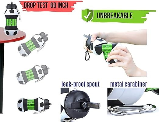 زجاجة مياه قابلة للطي بتصميم كرة قدم مبتكرة، زجاجة مياه رياضية انيقة من السيليكون لكرة القدم؛ متعددة الاستخدامات 550 مل و200 مل 2 في 1؛ هدية رائعة للطلاب والمسافرين ومحبي الرياضة