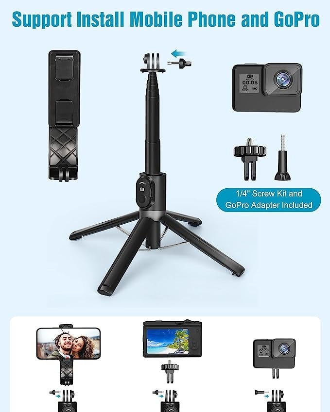 حامل ثلاثي القوائم بتصميم مطور خفيف الوزن ومحمول بتثبيت رباعي بطول 55 انش قابل للاستخدام كعصا صور سيلفي ومزود بجهاز تحكم لاسلكي وموصل كاميرا من اي اوشن، متوافق مع اجهزة ايفون/اندرويد
