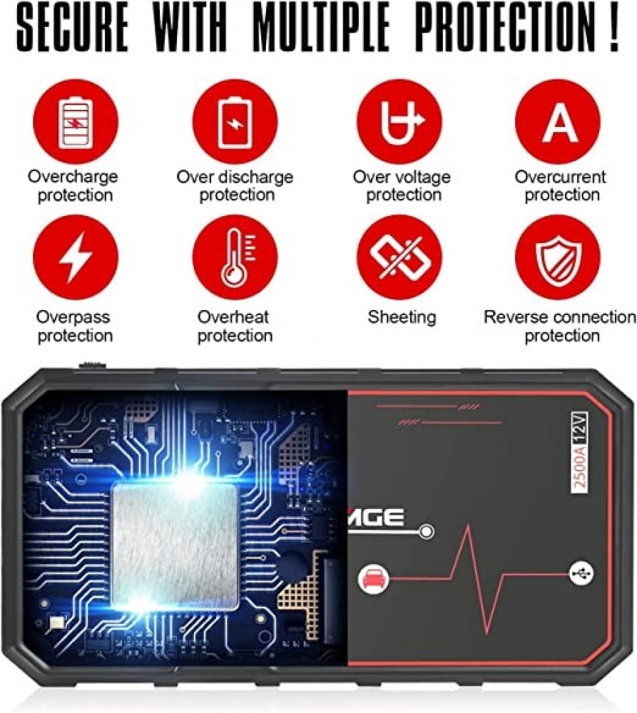 شاحن لبطارية السيارة وتشغيلها من فنيميج بتيار 2500 امبير وبسعة 23800 mAh وجهد 12 فولت وهي امنة للغاية وتصلح لجميع سيارات البترول والديزل حتى سعة 8.0 لتر، مع شحن سريع USB 3.0