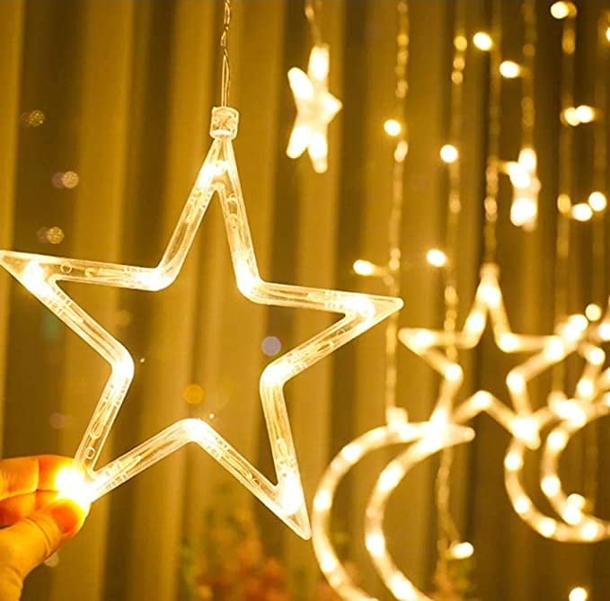 سلسلة مصابيح LED على شكل نجوم وقمر، ستارة ديكور اضواء، زينة عطلة وديكور مثالية لشهر رمضان