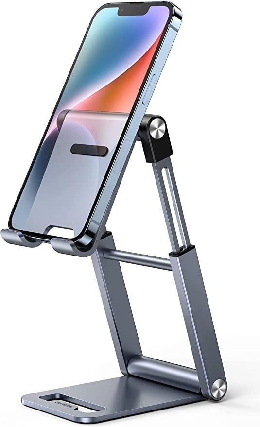 يوجرين حامل هاتف معدني حامل هاتف معدني لارتفاع المكتب قابل للتعديل حامل iPhone حامل iPhone قابل للطي متوافق مع جميع هواتف iPhone SE 3 iPhone 13 Pro Max 13mini Galaxy S22 S21 S20 إلخ