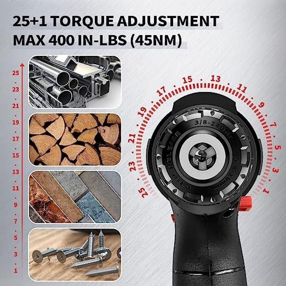 مجموعة مثقاب لاسلكي 21 فولت محمول باليد متعدد الوظائف وقابل لاعادة الشحن مع بطاريتين وشاحن مع سرعتين و25 اعداد عزم دوران واضاءة LED