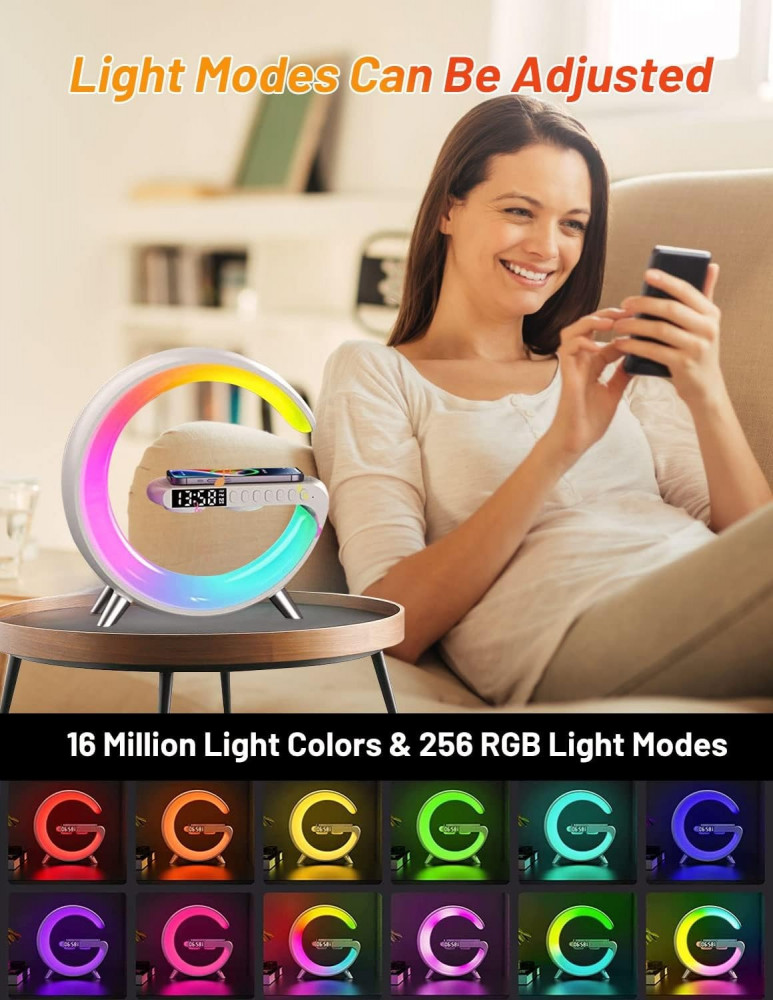 بيستيجو مصباح بجانب السرير مع وظيفة الشحن اللاسلكي، ضوء الاستيقاظ، ساعة منبه ضوء النهار، مكبر صوت بلوتوث قابل للتعتيم، موسيقى مع شاحن لاسلكي 15 واط، ديكور لغرفة المعيشة (ابيض)