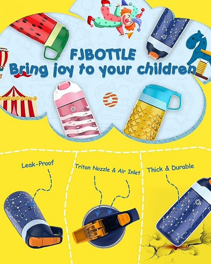 زجاجة مياه للاطفال من اف جيه بوتل مع قشة، زجاجة بلاستيكية مانعة للتسرب سعة 16 اونصة مع مقبض وشرب بفوهة واسعة للاطفال والمدرسة والرياضة