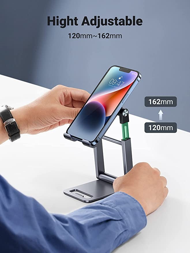 يوجرين حامل هاتف معدني حامل هاتف معدني لارتفاع المكتب قابل للتعديل حامل iPhone حامل iPhone قابل للطي متوافق مع جميع هواتف iPhone SE 3 / iPhone 13 Pro Max / 13mini / Galaxy S22 S21 S20 إلخ