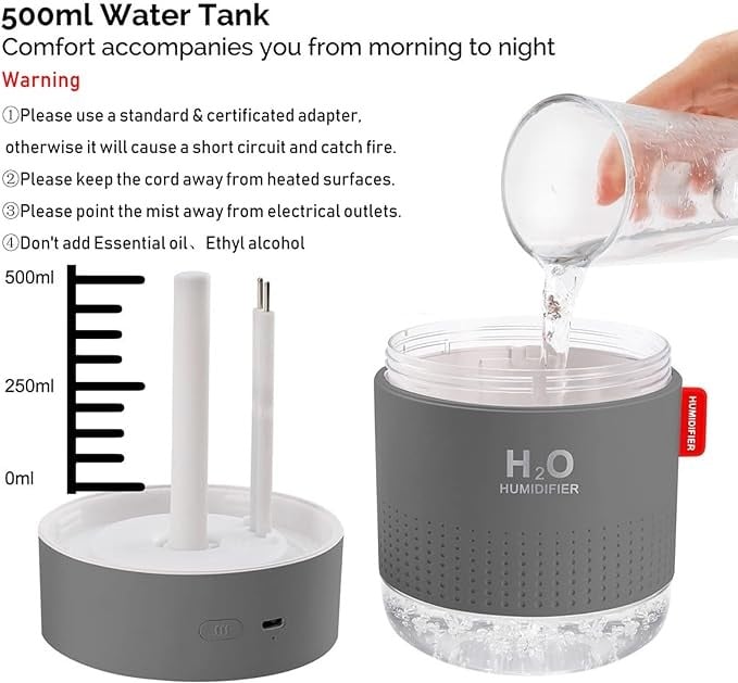 جهاز ترطيب صغير محمول، 500 مل، مرطب هواء صغير للرذاذ البارد، مرطب شخصي لسطح المكتب بمنفذ USB لغرفة نوم الاطفال والسفر والمكتب والمنزل، اغلاق تلقائي، وضعين للرذاذ، هادئ للغاية، رمادي