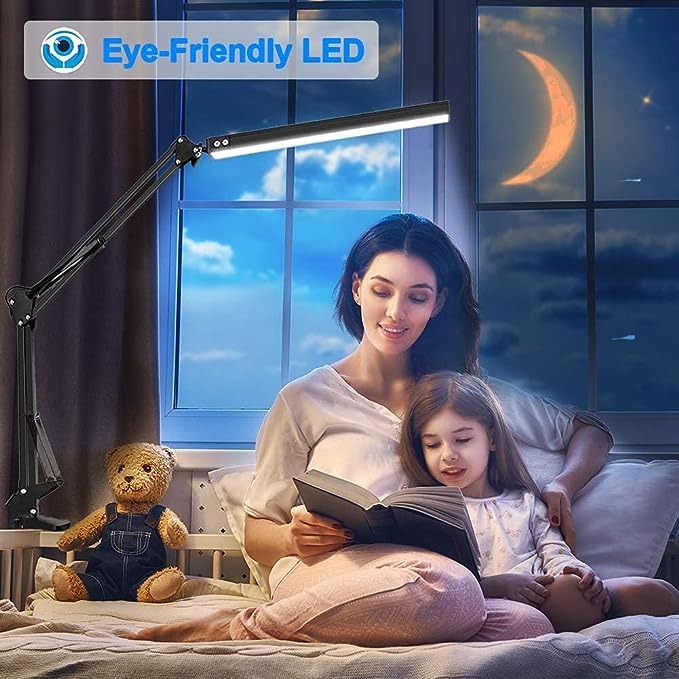 مصباح مكتب LED من نيكومي، مصباح مكتب بذراع متأرجح ومشبك و3 اوضاع للاضاءة و10 اوضاع سطوع للعناية بالعين، مصباح مكتب للقراءة مناسب للمنزل والمكتب مصباح بدوران 360 درجة ووظيفة الذاكرة، 12 واط - اسود