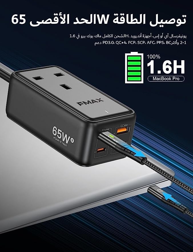 شاحن سفر USB C، محطة شحن سريع جان III 65 واط مع كيبل من النوع C بطول 6 قدم، شاحن سطح المكتب 5 في 1 مع مقبس تيار متردد واحد (3250 واط كحد أقصى) + 4 منافذ USB متوافق مع لابتوب ستيم ديك وماك بوك وايباد