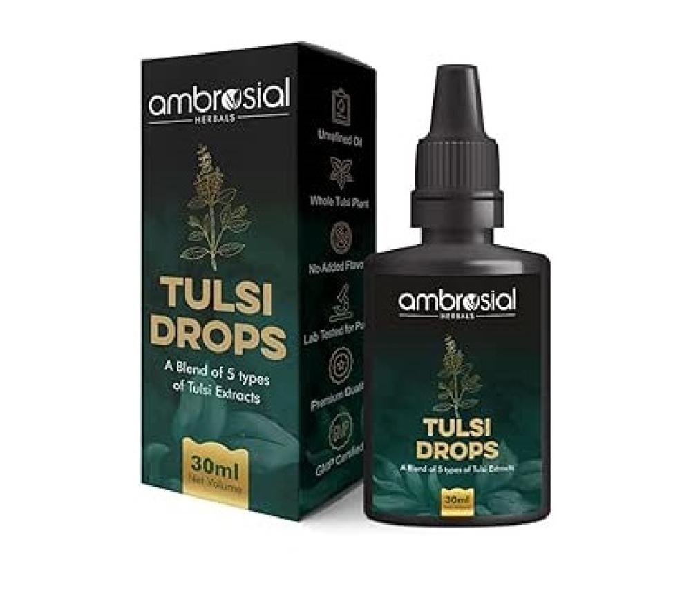 قطرات تولسي - 50% اكسترا: خلاصة سائلة مركزة مكونة من 5 انواع اعشاب التولسي النادرة لتعزيز المناعة الطبيعية وتخفيف السعال والبرد، الحزمة عبوة واحدة، امبروسيال