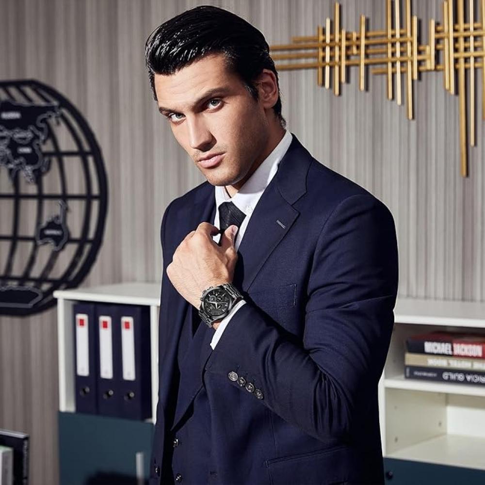 ساعة يد كرونوغراف رياضية مقاومة للماء للرجال من بينيار عسكرية متعددة الوظائف فاخرة عصرية كوارتز كلاسيك هدايا ظهر أسود