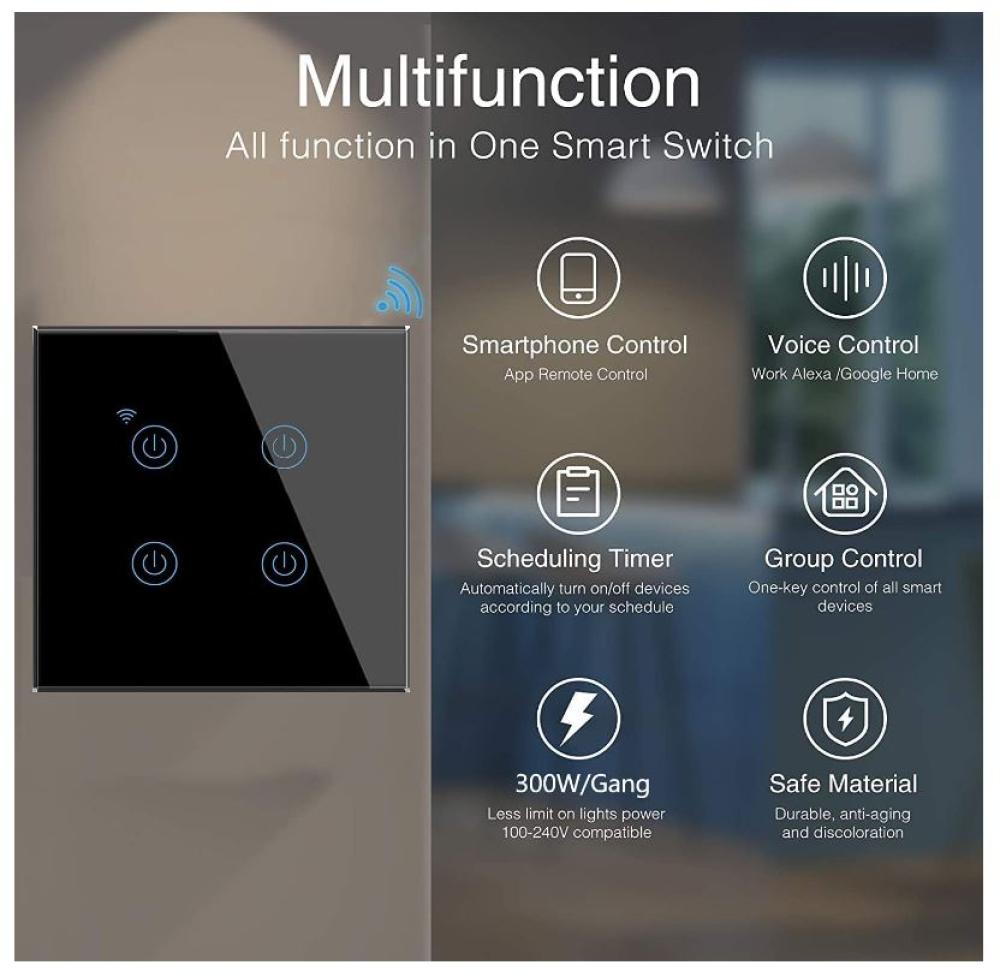 مفتاح اضاءة حائط ذكي مزود بواي فاي وامكانية تحكم عن بعد من خلال تطبيق ووظيفة مؤقت وتحكم صوتي، مناسب للتشغيل بدون سلك محايد او موزع، متوافق مع اليكسا وجوجل هوم (اسود، مفتاحين)