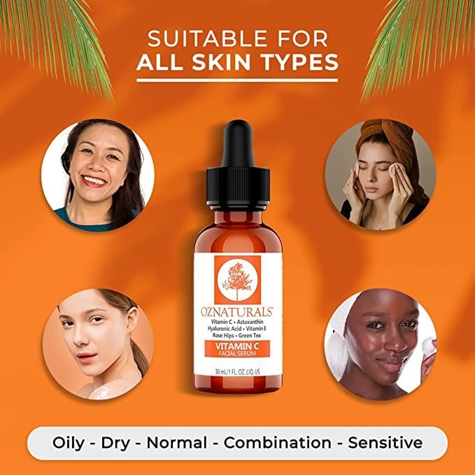 سيروم للوجه من OZNATURALS بفيتامين C وحمض الهيالورونيك 30 مل