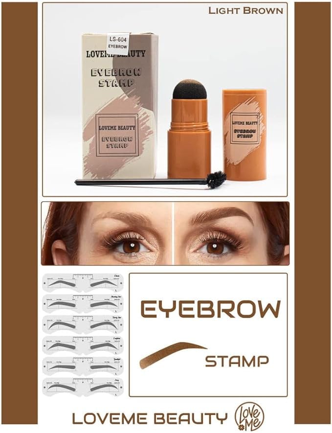 طابع رسم الحواجب في خطوة واحدة، مجموعة مكياج حواجب احترافية لوضع مسحوق الحواجب مع 6 ازواج من انماط حواجب قابلة لاعادة الاستخدام، وقلم فرشاة لتطبيق مكياج حواجب ويدوم طويلا (بُني فاتح)