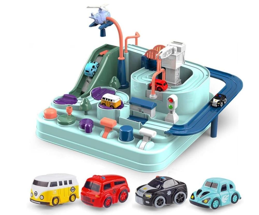 ألعاب مغامرات السيارات من ساندبرو، لعبة الغاز من مسار سباق وسكة حديدية و4 سيارات صغيرة ولعبة إنقاذ المدينة، ألعاب تعليمية لسن 3 و4 و5 و6 و7 سنوات للأطفال من البنات والأولاد لمرحلة ما قبل المدرسة