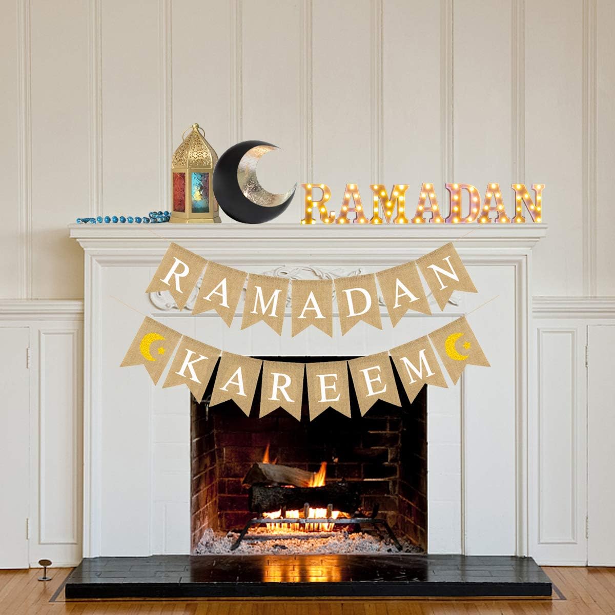 لافتة رمضان كريم لديكورات رمضان، لافتة زينة رمضان كريم مع قمر ونجمة، لوازم ديكور حفلات رمضان للمنزل والمهرجانات الاسلامية من شيلور