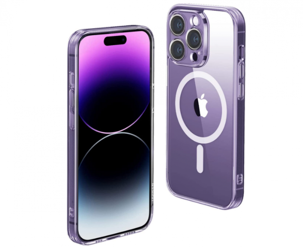 حافظة حماية ماج سيف رفيعة مغناطيسية مقاومة للاصفرار وممتصة للصدمات ومضادة للخدش مع ظهر صلب كريستالي لجوال ايفون 14 برو ماكس من يوجرين 67 انش