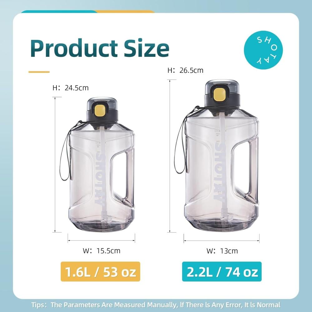 زجاجات مياه رياضية سعة 1.5 لتر/2 لتر مع ماصة قابلة للازالة خالية من البيسفينول ايه ومانعة للتسرب شوتاي ابريق ماء كبير تحفيزي نصف جالون علامات زمنية للياقة البدنية وصالة الالعاب الرياضية أسود