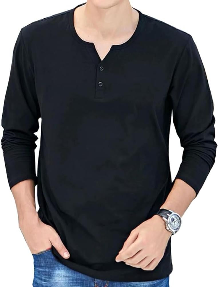قميص رجالي بأكمام طويلة، قمصان هينلي كاجوال مريحة للرجال، تيشيرت قطني بقصة عادية ورقبة دائرية ضيقة للرجال للخريف والشتاء