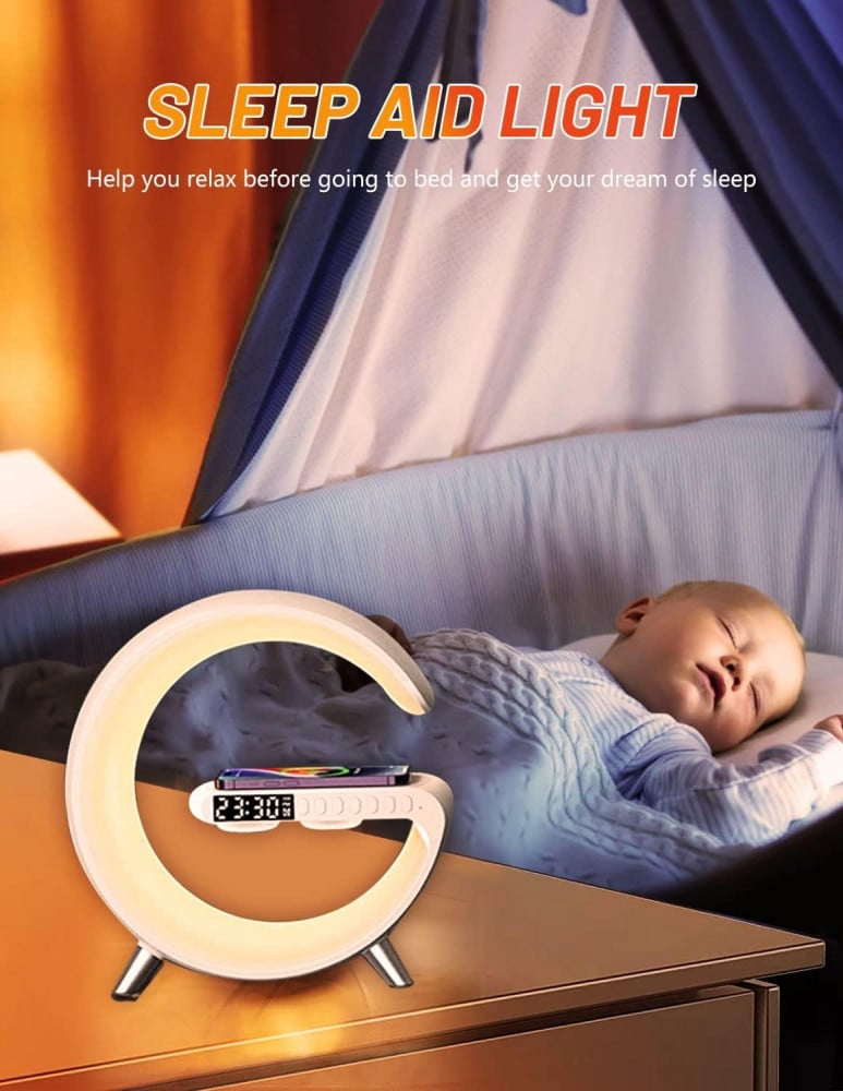 بيستيجو مصباح بجانب السرير مع وظيفة الشحن اللاسلكي، ضوء الاستيقاظ، ساعة منبه ضوء النهار، مكبر صوت بلوتوث قابل للتعتيم، موسيقى مع شاحن لاسلكي 15 واط، ديكور لغرفة المعيشة (ابيض)