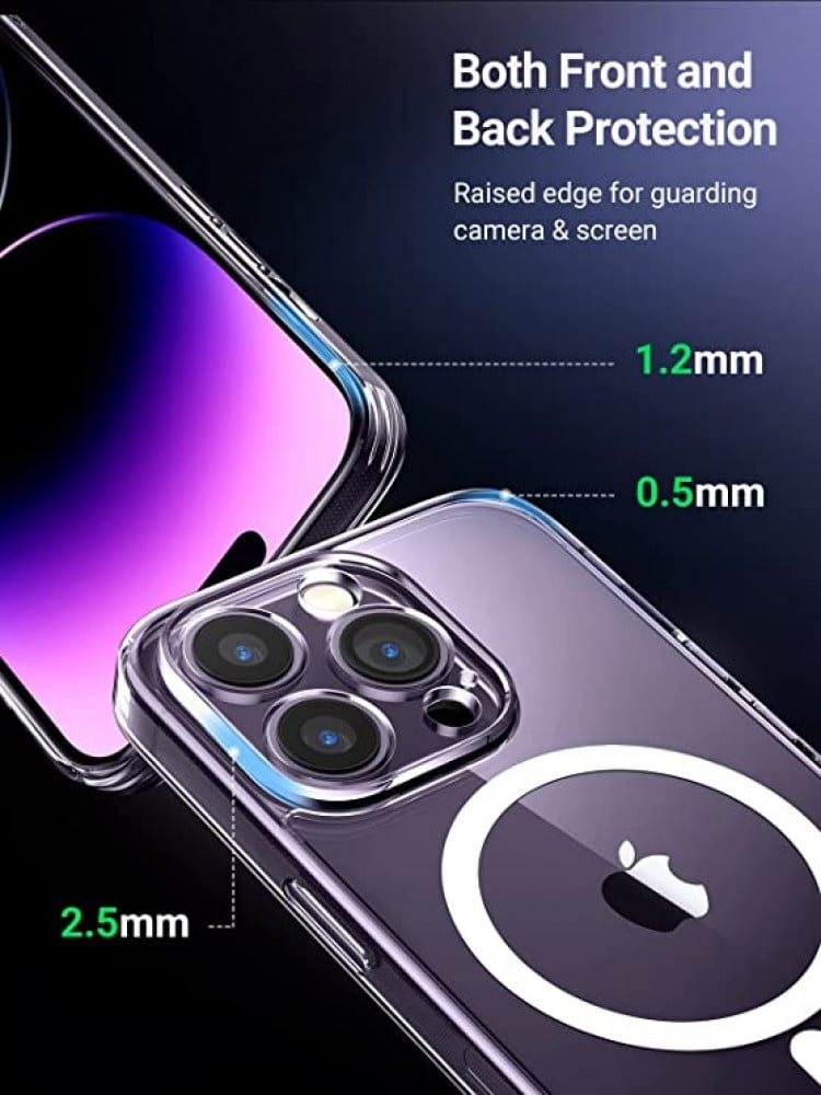 حافظة حماية ماج سيف رفيعة مغناطيسية مقاومة للاصفرار وممتصة للصدمات ومضادة للخدش مع ظهر صلب كريستالي لجوال ايفون 14 برو ماكس من يوجرين 67 انش