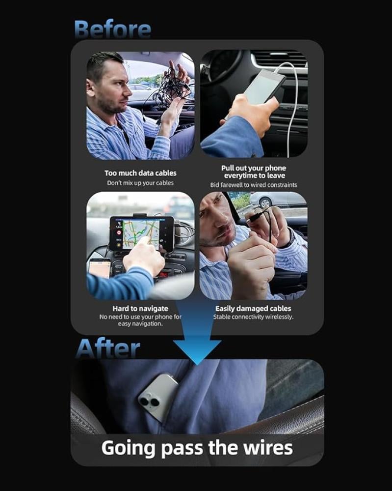 محول اوتو ادابتر ام اكس لاسلكي ابل كاربلاي اندرويد مع خاصية النسخ المتطابق، دونجل تشغيل السيارة 3 في 1 متصل باللاسلكي، توصيل وتشغيل مطور سريع 14 ثانية مع واي فاي مزدوج 5.2 بي تي في ثوان