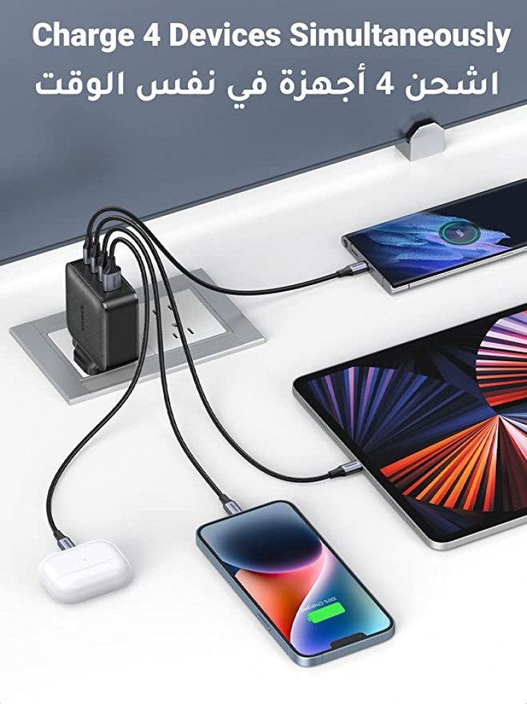 يوجرين شاحن 4 منافذ USB C شاحن GaN قابس شاحن نوع C محول شاحن الحائط السريع PD 65W متوافق مع أجهزة الكمبيوتر المحمولة MacBook Pro Air iPad iPhone Samsung ، Huawei ،Oneplus ،Xiaomi ،Dell ،Lenovo، إلخ