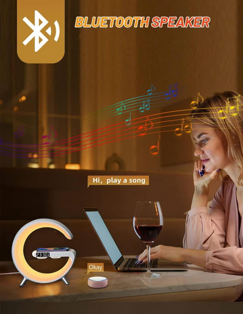 بيستيجو مصباح بجانب السرير مع وظيفة الشحن اللاسلكي، ضوء الاستيقاظ، ساعة منبه ضوء النهار، مكبر صوت بلوتوث قابل للتعتيم، موسيقى مع شاحن لاسلكي 15 واط، ديكور لغرفة المعيشة (ابيض)