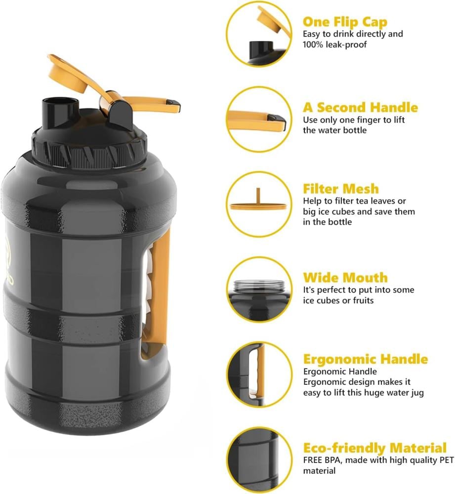 زجاجة مياه خالية من BPA لصالة الالعاب الرياضية بسعة 2.5 لتر - تصميم مبتكر ممتاز مانع للتسرب وبدون رائحة مثالية للصالات والانشطة الخارجية لون اسود شفاف، بولي إيثيلين تيرفثالات، ريجيد فيتنس