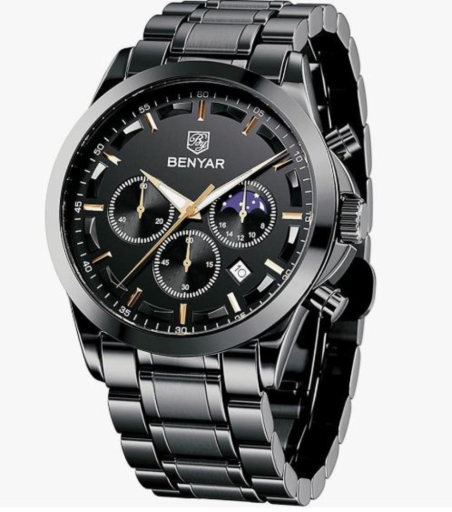 ساعة يد كرونوغراف رياضية مقاومة للماء للرجال من بينيار عسكرية متعددة الوظائف فاخرة عصرية كوارتز كلاسيك هدايا ظهر أسود