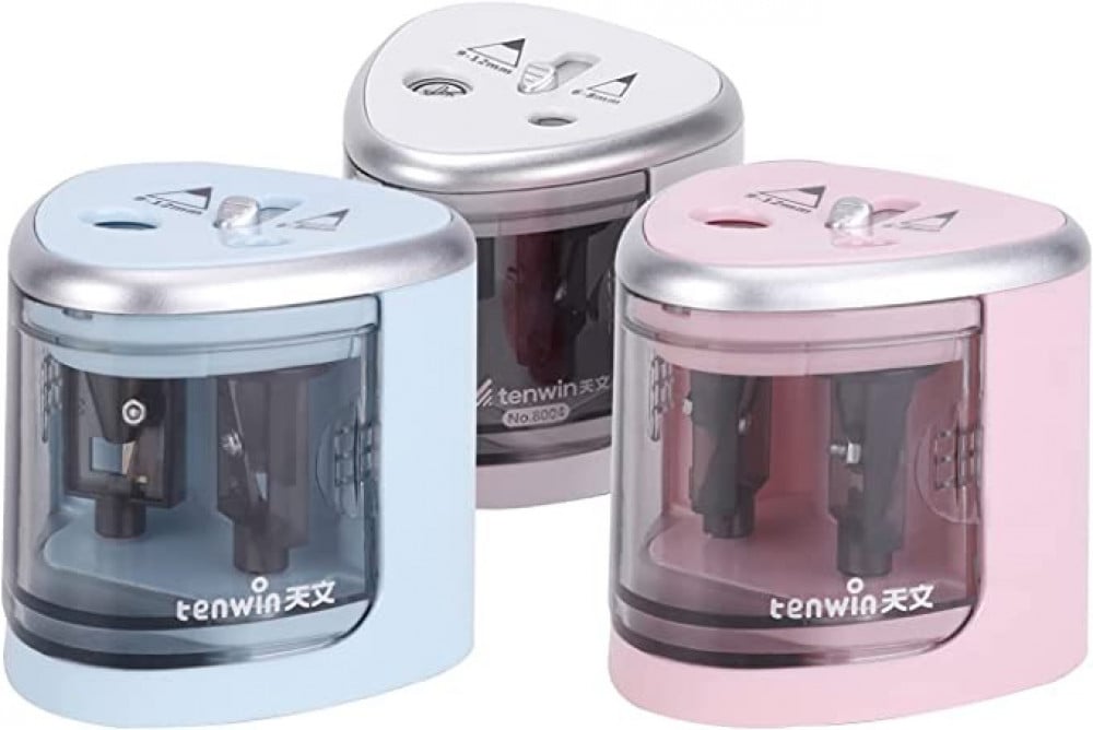 مبراة قلم رصاص كهربائية من ايكام، بفتحة مزدوجة متعددة الوظائف، مبراة قلم رصاص كهربائية اوتوماتيكية تعمل بالبطارية بفتحتين (6-8 ملم / 9-12 ملم) للفصول الدراسية/المكتب/المنزل