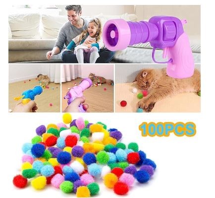 2 قاذف كرات للقطط + 100 قطعة من كرات لعبة القطط 1.2 انش (جديدة مطورة)، لعبة كرات مخملية مرنة صامتة، العاب قطط تفاعلية للقطط الصغيرة، مسدس كرات قطيفة للقطط (100 قطعة)