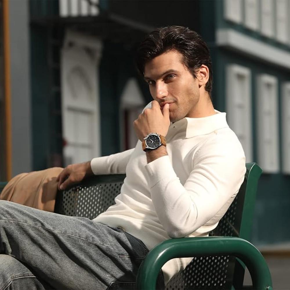 ساعة يد كرونوغراف رياضية مقاومة للماء للرجال من بينيار عسكرية متعددة الوظائف فاخرة عصرية كوارتز كلاسيك هدايا بني وأسود