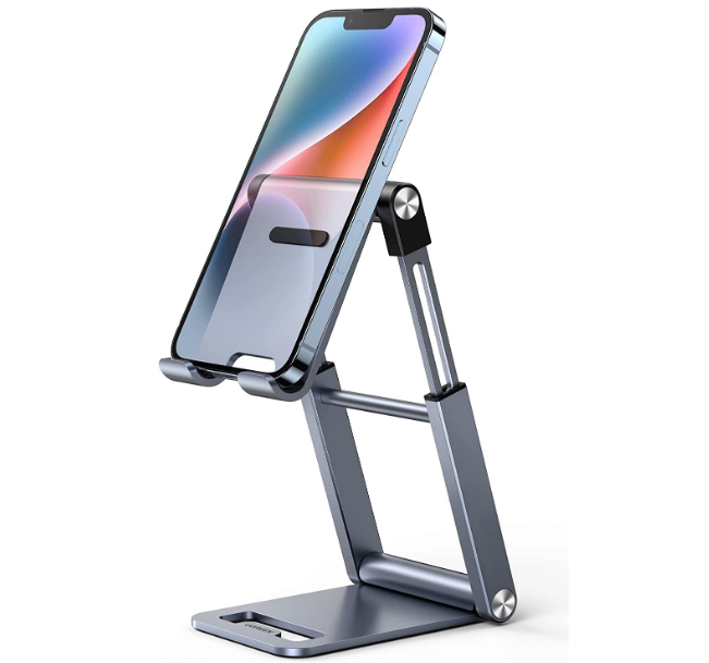 يوجرين حامل هاتف معدني حامل هاتف معدني لارتفاع المكتب قابل للتعديل حامل iPhone حامل iPhone قابل للطي متوافق مع جميع هواتف iPhone SE 3 iPhone 13 Pro Max 13mini Galaxy S22 S21 S20 إلخ