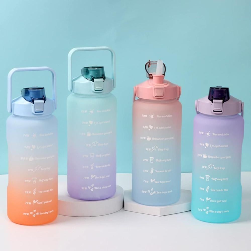 زجاجة مياه 2 لتر مع قشة بسعة 64 اونصة ماء رياضية تحفيزية علامة سعة خالية من BPA كبيرة مناسبة لصالة الالعاب الرياضية وركوب الدراجات والمدرسة والانشطة في الهواء الطلق ازرق زهري ايمبيج بلاستيك