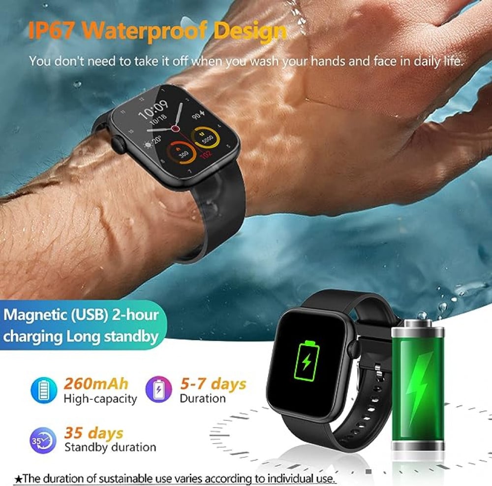اي بي صن ساعة ذكية (استقبال واتصال)، شاشة TFT HD 1.85 انش مقاومة للماء بتصنيف IP67 لمعدل نبضات القلب ومراقبة الاكسجين في الدم، ومراقب النوم والسعرات الحرارية، ساعة ايقاف، عداد خطوات للنساء والرجال