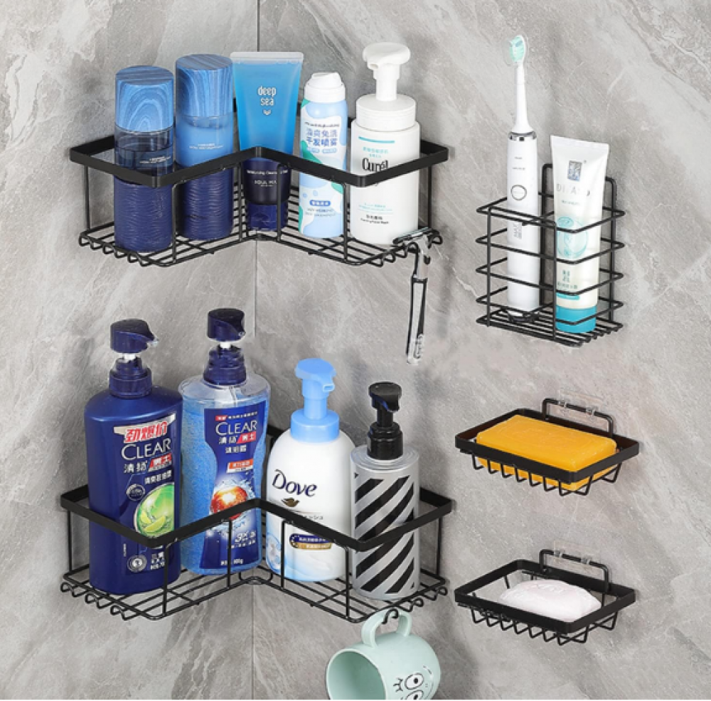 مجموعة من 5 قطع من حامل دش الزاوية من اتش اس كيو ام ايه، منظم دش الحمام من الستانلس ستيل المقاوم للصدا، ارفف منظمة لزوايا الدش اللاصقة، رف دش مقاوم للصدا مع خطافات، للحمام والمطبخ