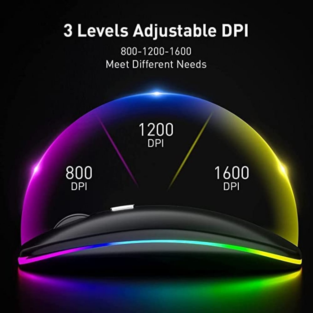 ماوس بلوتوث لاسلكي من انيوي، بتصميم نحيف واضاءة LED ووضع مزدوج (بلوتوث 5.1 + USB) 2.4 GHz قابل لاعادة الشحن بلوتوث صامت، ماوس كمبيوتر مع مستقبل USB (اسود)