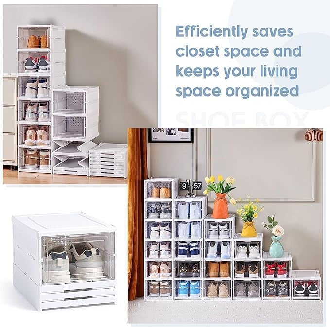 رف احذية بلاستيكي محمول مكون من 6 طبقات من الميكاكوز، درج بلاستيكي قابل للطي، غطاء شفاف قابل للطي للتخزين والتكديس لتخزين الاحذية مقاوم للغبار وتنظيم خزانة الاحذية (6 طبقات)