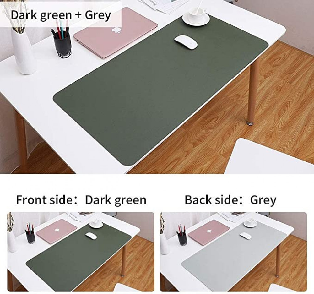 قاعدة ماوس مقاس L 80 × 40 سم، مفرش مكتب مزدوج الوجه مصنوع من الجلد الصناعي وقاعدة ماوس مقاس XXL للابتوب وكمبيوتر الالعاب والعمل للمكتب والمنزل (لون اخضر داكن ورمادي)