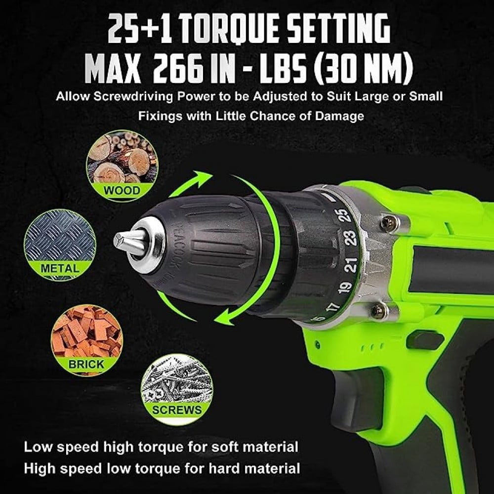 مجموعة مثقاب كهربائي لاسلكي 21 فولت مع بطاريتين وشاحن، مفك براغي كهربائي محمول باليد متعدد الوظائف وقابل لاعادة الشحن مع اضاءة LED مدمجة، سرعتين، 25 اعداد لعزم الدوران